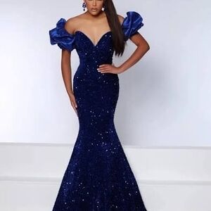 Johnathan Kayne Sequin Off-Shoulder Gown